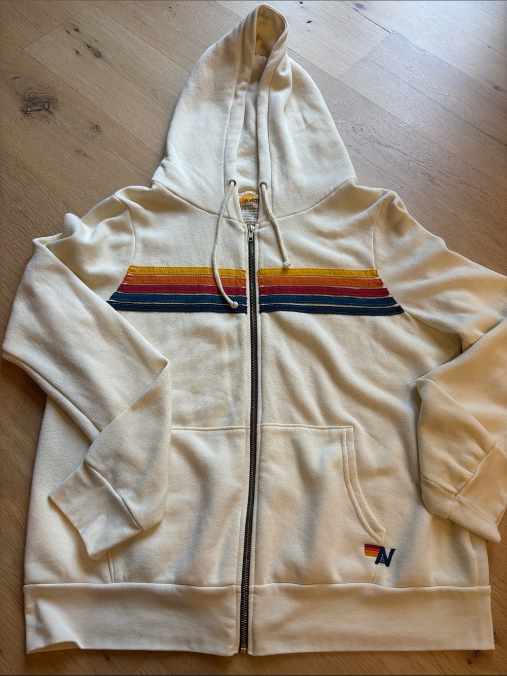 Aviator Nation Cream Zip-Up Hoodie with Retro Stripe Chest